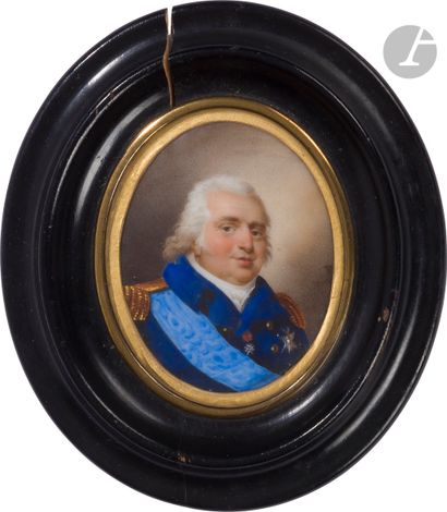 null École FRANÇAISE du XIXe siècle
Portrait du roi Louis XVIII en uniforme, cordon...