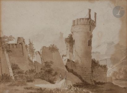null Attribué à Thomas Charles NAUDET(1778 - 1810)
Paysage avec un château en ruine
Plume,...