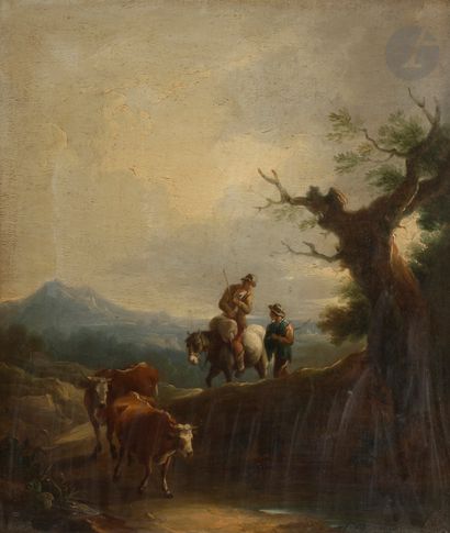 null Thomas BARKER (Pontypool 1769 - Bath 1847)
Cavaliers et vaches dans un paysage
Toile
39 x 33 cm
(Restaurations...