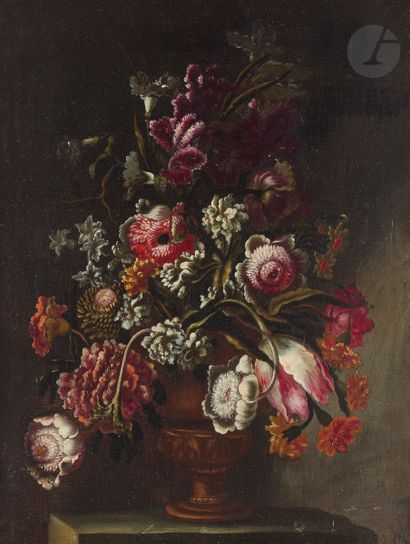 null École ITALIENNE du XVIIIe siècle
Vases de fleurs sur un entablement
Paire de...