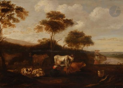 null Jacob Gerritz van BEMMEL (1628 - 1673)
Troupeaux et leurs bergers en bord de...