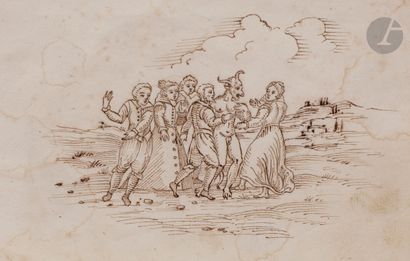 null École ITALIENNE du XVIIe siècle
Trois scènes de Sabbat
Plume et encre brune
13 x 20 cm...