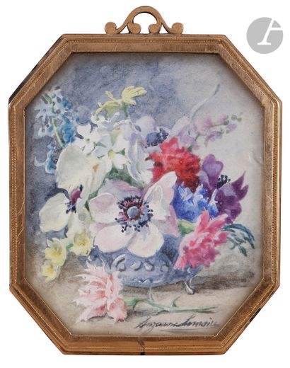null Suzanne LEMAIRE (vers 1870 - ?)
Miniature rectangulaire à pans d’un bouquet...