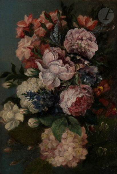 null École FRANÇAISE vers 1860
Roses, bleuets et hortensia
Papier marouflé sur t...