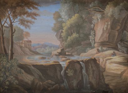 null École ITALIENNE du XVIIIe siècle
Dessinateur dans un paysage à la cascade
Gouache...