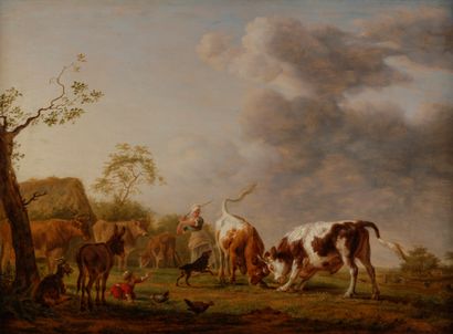 null Attribué à Balthasar OMMEGANCK (1755 - 1826)
Le combat de bovidés
Panneau préparé
Porte...