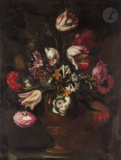 null École ITALIENNE du XVIIIe siècle
Vases de fleurs sur un entablement
Paire de...