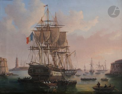 null École FRANÇAISE vers 1860, suiveur de Louis GARNERAY
Navires français au port
Toile...