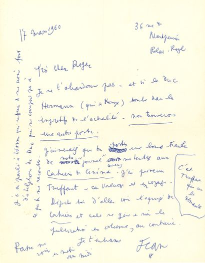 null Jean COCTEAU. L.A.S. « Jean », Palais-Royal 17 mars 1960, à Roger Pillaudin ;...