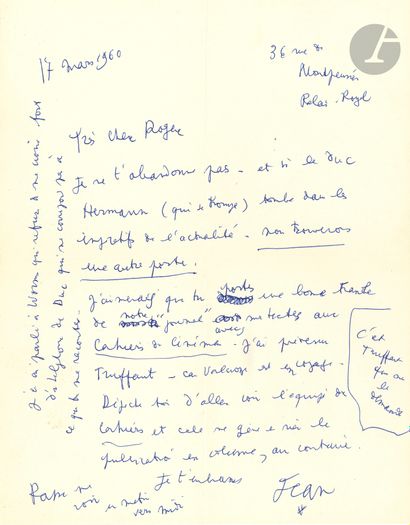 null Jean COCTEAU. L.A.S. « Jean », Palais-Royal 17 mars 1960, à Roger Pillaudin ;...