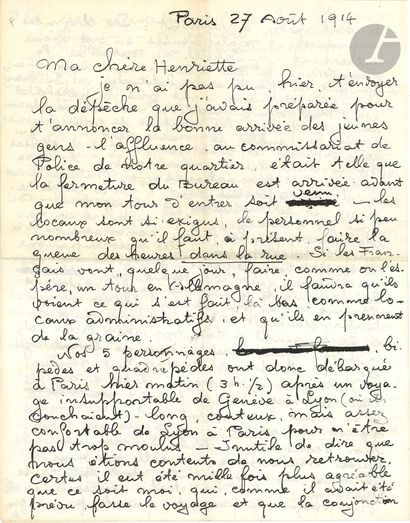 null Théophile-Alexandre STEINLEN. L.A.S. « Alex », Paris 27 août 1914, à sa sœur...