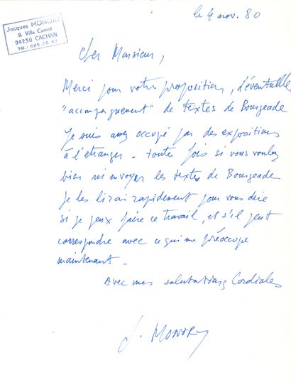 null Jacques MONORY (1924-2018). L.A.S., Cachan 4 novembre 1980, au critique d’art...