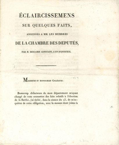 null Benjamin CONSTANT (1767-1830). Imprimé : Éclaircissemens sur quelques faits,...