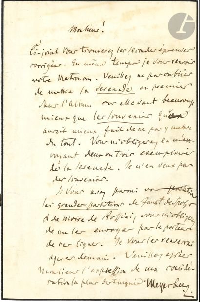 null Giacomo MEYERBEER (1791-1864). L.A.S., à M. Malot ; 1 page in-8 (petit deuil).
Il...