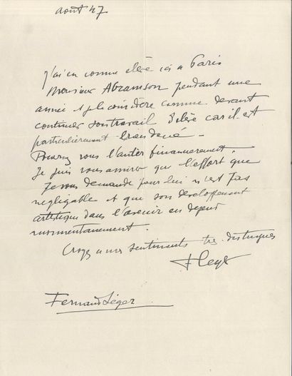 Fernand LÉGER (1881-1955). L.A.S., août 1947 ;...