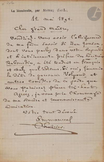 null Emmanuel CHABRIER (1841-1894). L.A.S., La Membrolle par Mettray 12 mai 1892,...