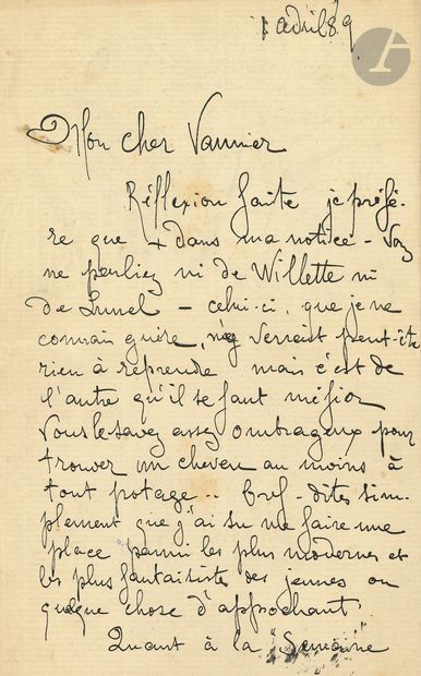 null Théophile Alexandre STEINLEN. L.A.S., 1er avril 1889, à l’éditeur Léon Vanier ;...