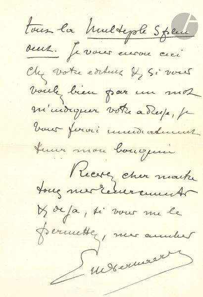 null Émile VERHAEREN (1855-1916). L.A.S., [20 mars 1914, à Steinlen] ; 2 pages in-8.
Il...