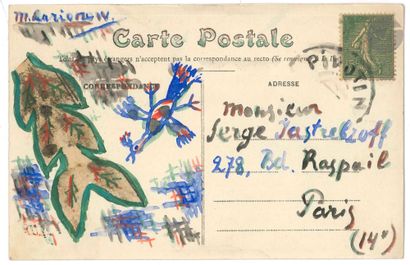 null Mikhaïl LARIONOV (1881-1964). Carte postale signée illustrée de dessins originaux,...