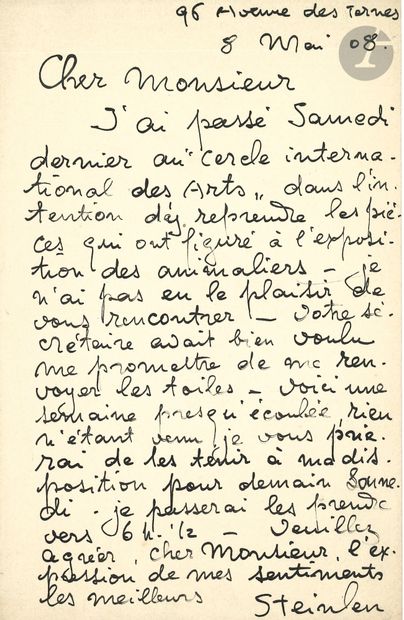 null Théophile Alexandre STEINLEN. 2 L.A.S., 8 mai 1908 et s.d. ; 2 pages in-8.
Il...