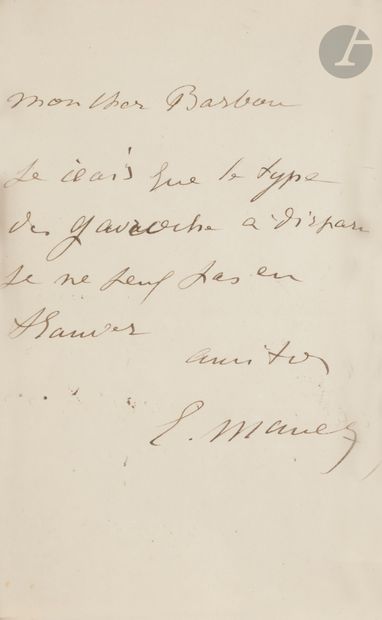 null Édouard MANET (1832-1883). L.A.S., à son cher Barbou ; demi-page in-8 (encadrée).
« Je...