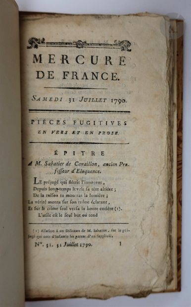 null 
MERCURE DE FRANCE.
Paris : Au bureau du Mercure, 1790. — 9 numéros en 9 volumes...
