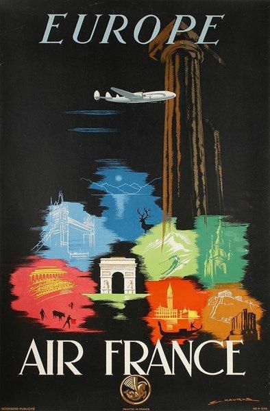 MAURUS Air France Europe, 1948. Imp. Goossens publicité. Entoilée. B.E. 100 x 62...