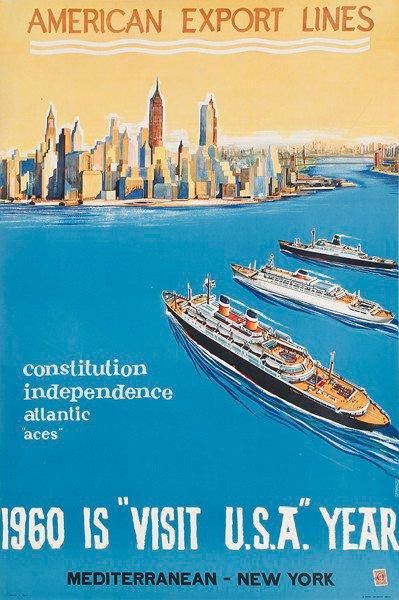 PAMPALLINI American Export Lines, 1960. Imp. Martelli Arte Grafica, Genova. Entoilée....