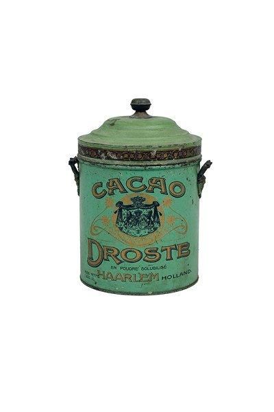 CACAO DROSTE Pot couvert en tole lithographiée vert, noir et or. B.E. général (éraflures...