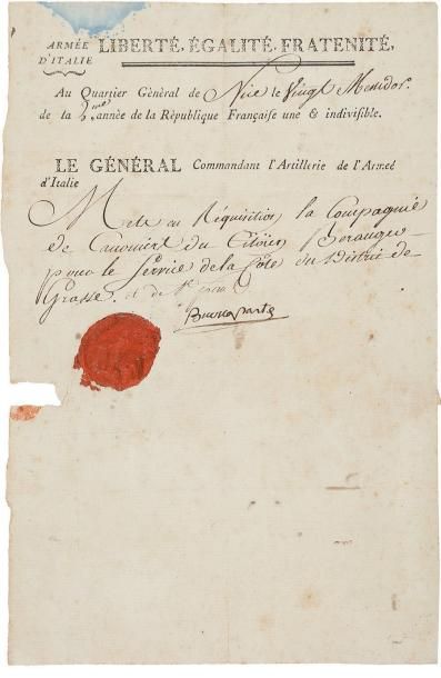 NAPOLÉON Ier (1769-1821). P.S. « Buonaparte », Q.G. de Nice 20 messidor II (8 juillet...