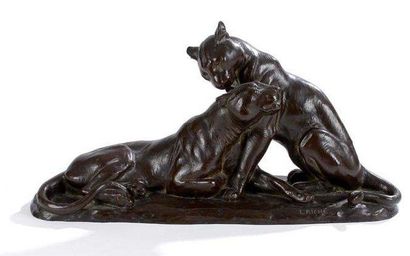 Louis RICHE (1877-1949) Couple de lionnes Sculpture en bronze à patine brun nuancé....