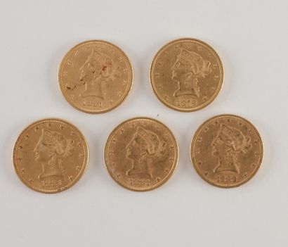 5 pièces de 10 Dollars en or. Type Liberty....