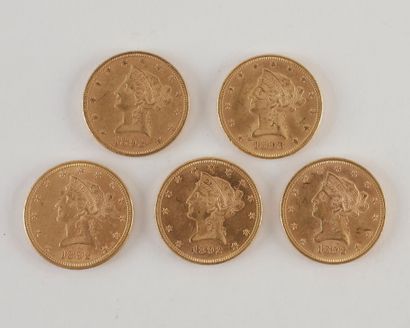 null 5 pièces de 10 Dollars en or. Type Liberty. 1892 S - 1892 (2) - 1893 (2)