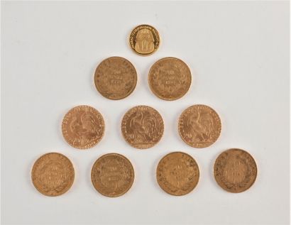 null Lot de 9 pièces de 20 Francs or:
- 6 pièces de 20 Francs en or. Type Napoléon...