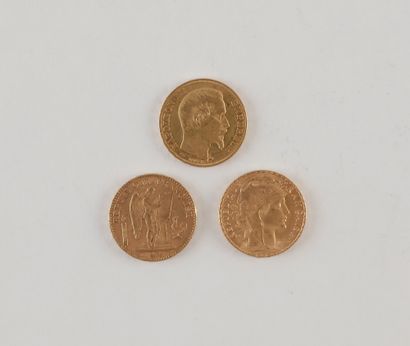 3 pièces de 20 Francs en or. - Type Napoléon...