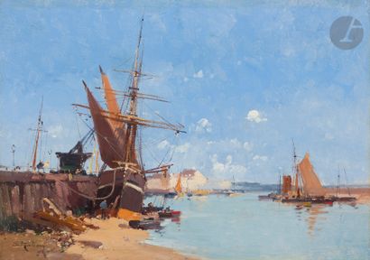 null Eugène GALIANY dit GALIEN-LALOUE 	(1854-1941)
Bateaux au port
Huile sur toile.
Signée...