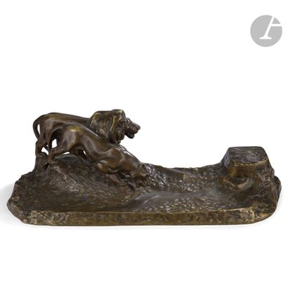  Friedrich GORNIK (1877-1943 )Lion and Lioness DrinkingImportant inkwell. Bronze...