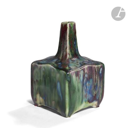 null PIERRE-ADRIEN DALPAYRAT (1844-1910
)A cubic vase with a soliflore neck of square...