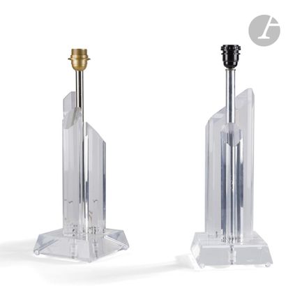  WORK OF THE 1970'sPair of table lamps. The trapezoidal bases in Plexiglas; each...
