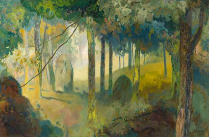 null Georges DE FEURE (1868-1943)
Rocher dans un sous-bois
Huile sur toile.
Signée...