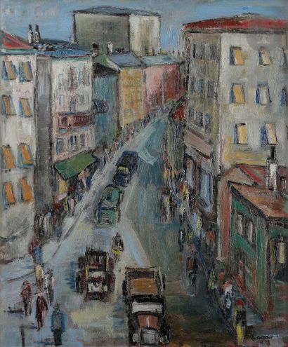  Celso LAGAR (1891-1966) Rue de Montmartre animée, vers 191 Huile sur isorel. Signée...