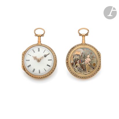  GILBERT in Paris. Circa 1790 
18K (750) gold pocket watch, white enamel dial, Roman...