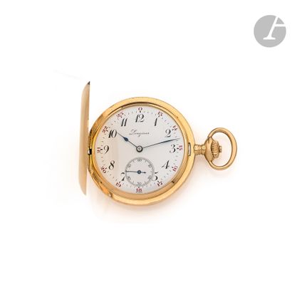  LONGINES. About 1900 
N° 3542729 
18K (750) gold savonnette-type pocket watch, white...
