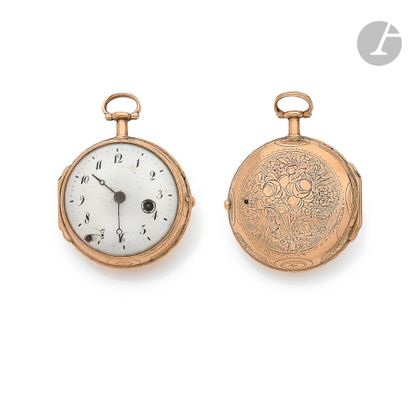  ANONYMOUS. Circa 1790 
18K (750) gold pocket watch, white enamel dial (accident),...