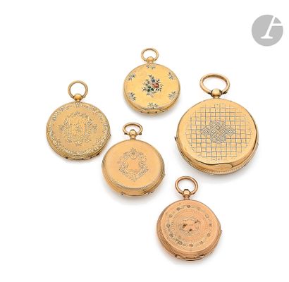  Set of 5 pocket watches in 18K (750) gold, white enamel dials, Roman numeral hour...
