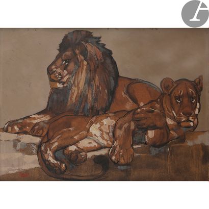 null PAUL JOUVE (1878-1973)
Lion et lionne
Technique mixte sur papier contrecollé...