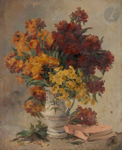  Ferdinand TROUPEAU (XIX-XXe) Bouquet de fleurs au livre Huile sur toile. Signée...