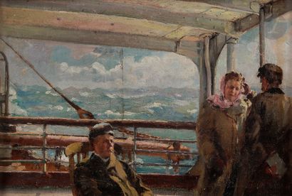  Louis Joseph ANTHONISSEN (1849-1913) À bord du bateau Huile sur toile. Non signée....