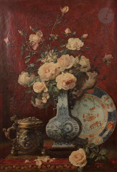  Alexis KREYDER (1839-1912) Roses au vase chinois Huile sur toile. Signée en bas...