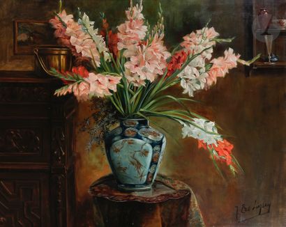  J. ERS LIGNY (XIXe-XXe siècle) Vase aux iris Huile sur toile. Signée en bas à droite....